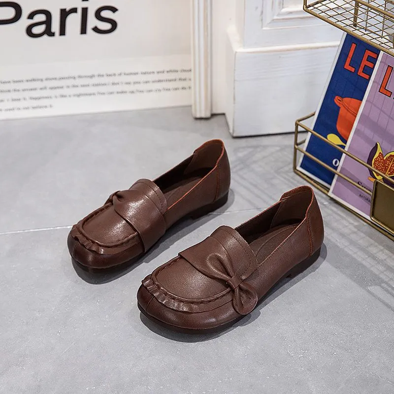 Babakud Women Spring Retro Leather Ribbon Slip-On Loafers