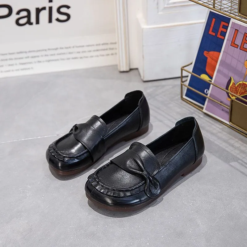 Babakud Women Spring Retro Leather Ribbon Slip-On Loafers