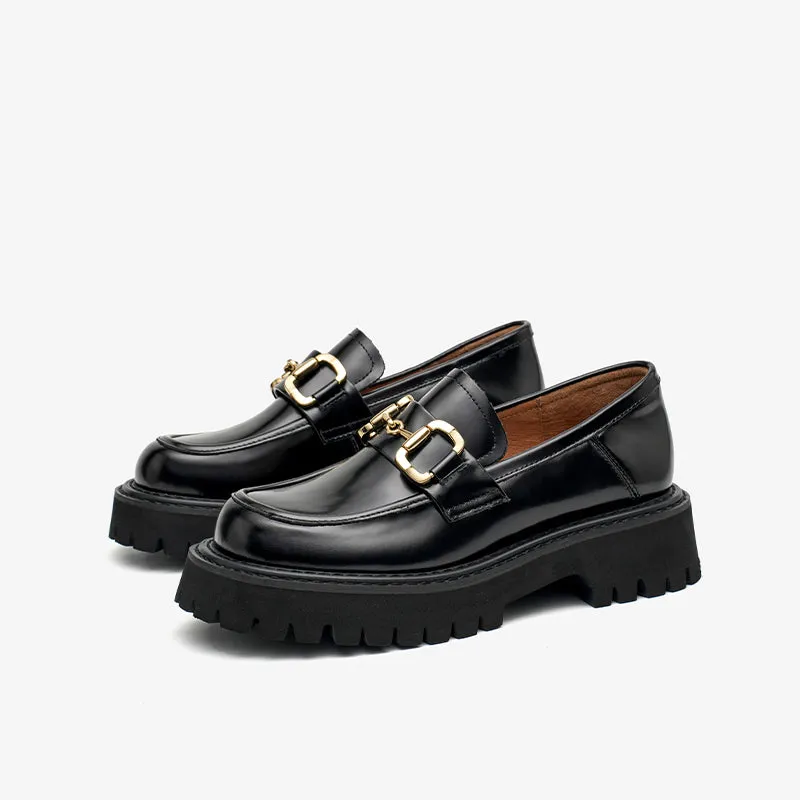 BeauToday Womens Chunky Loafers Classic Round Toe Lug Sole Cow Leather Loafers with Metal Buckle Decoration