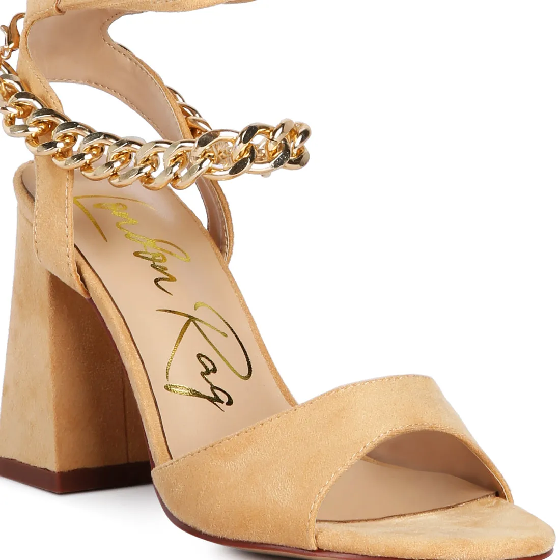 Beige Chain Detail Tie Up Block Heels