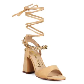 Beige Chain Detail Tie Up Block Heels