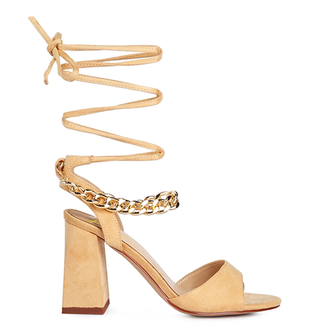 Beige Chain Detail Tie Up Block Heels