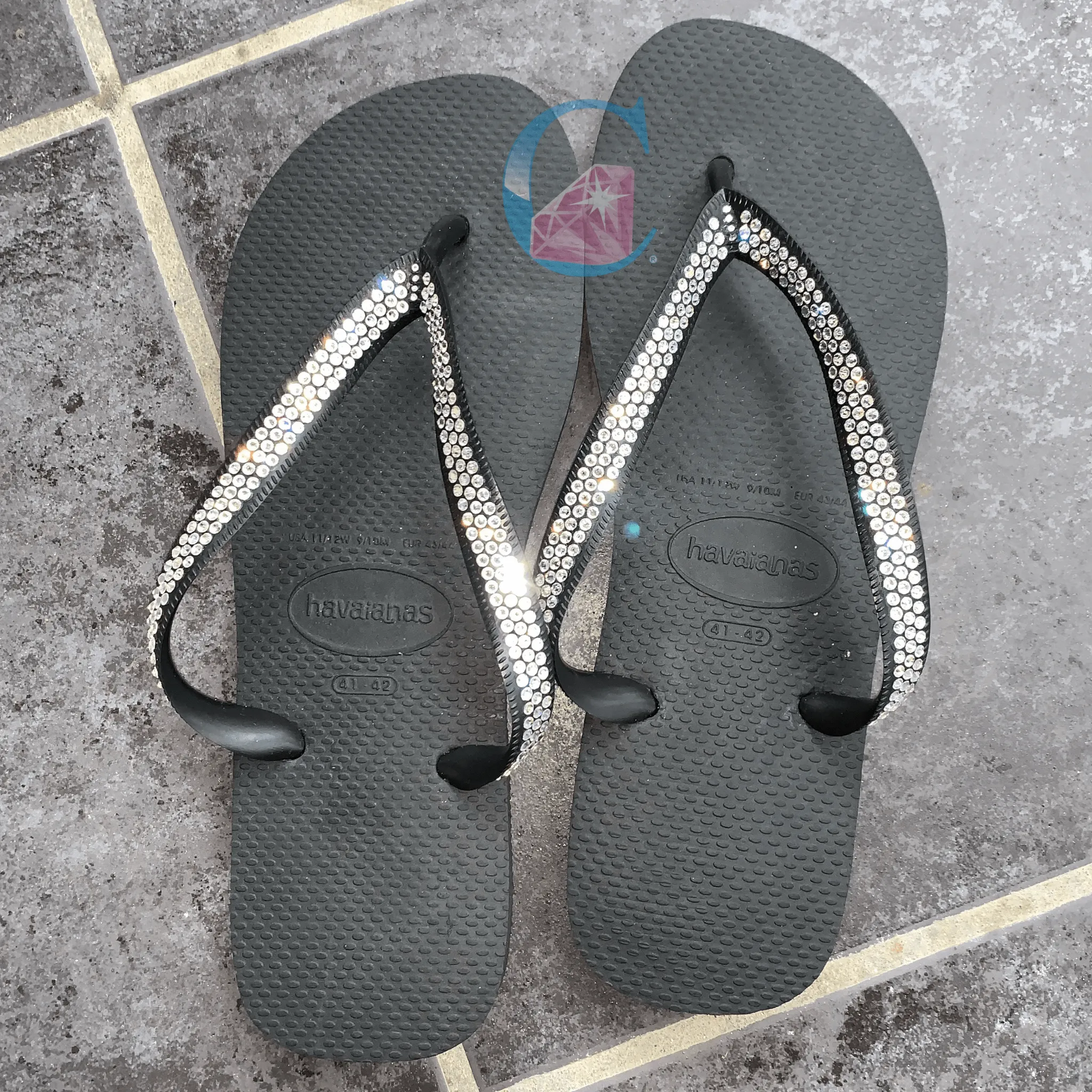 Black Thick Strap Havaianas/Crystal - 3 Rows *