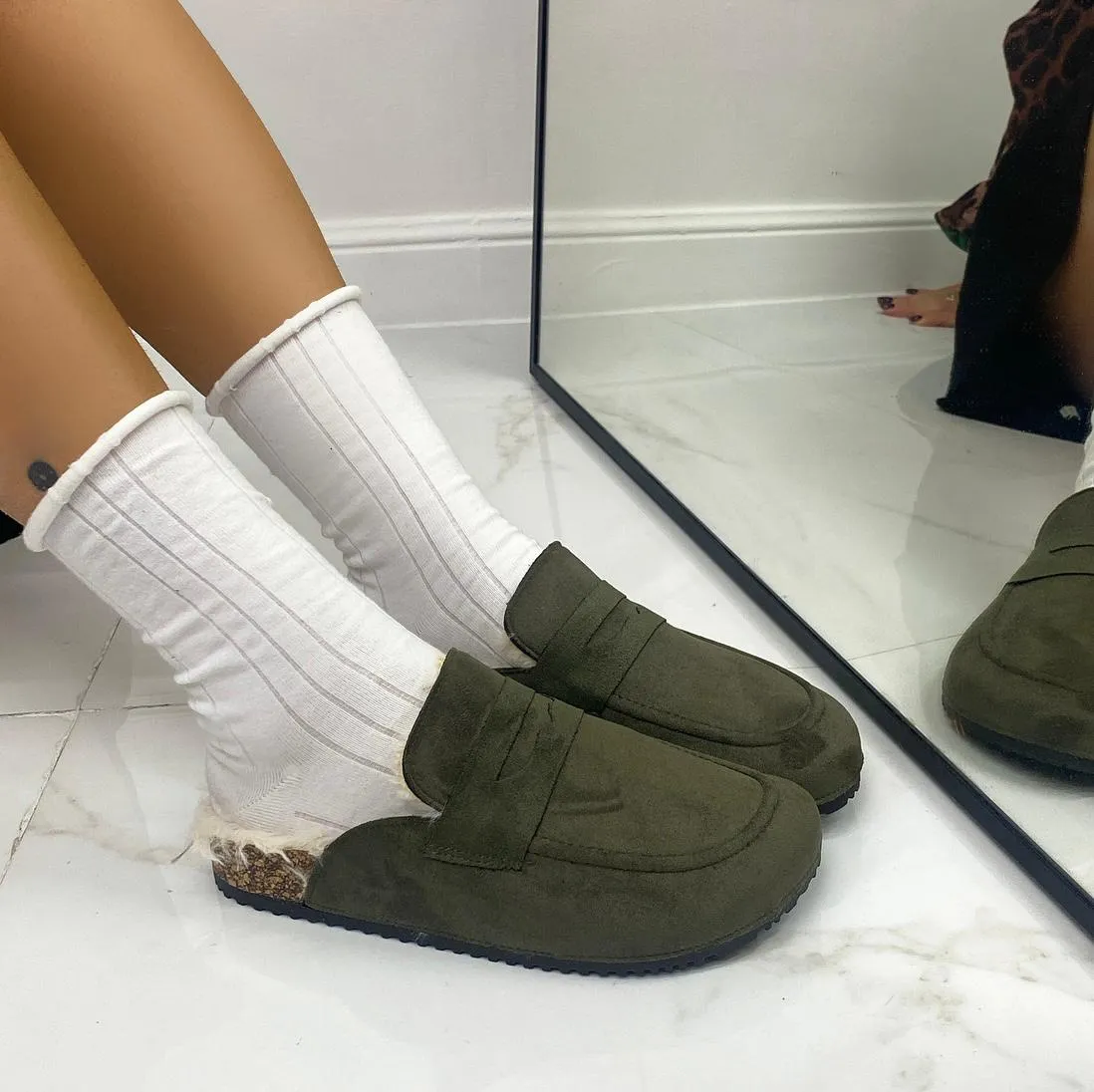 Bridgette - Scarpa Sabot Mules Donna Pelliccia Tallone Scoperto Verde