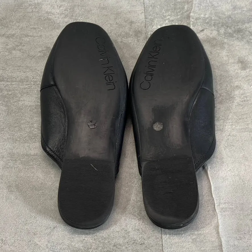 CALVIN KLEIN Women's Black Leather Ella Chain Square-Toe Loafer Mules SZ 6.5