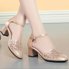 Elegant rhinestone block heels pumps with ankle strap