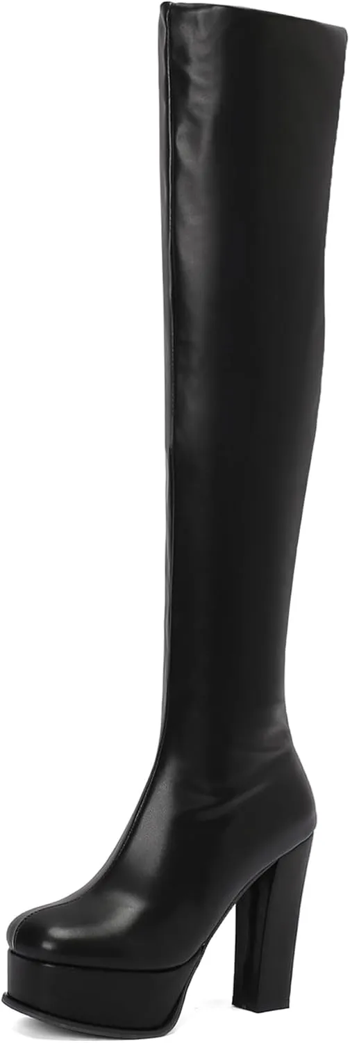 Gicoiz Women Chunky Heels Round Toe Elegant Stretch Over Knee Boots