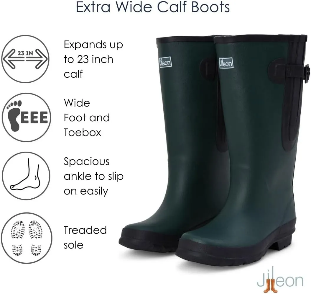 Jileon Extra Wide Calf Rain Boots - Ideal for Wide Feet, Ankles & Calves - Fit 16 to 23 Calves - Durable & Waterproof