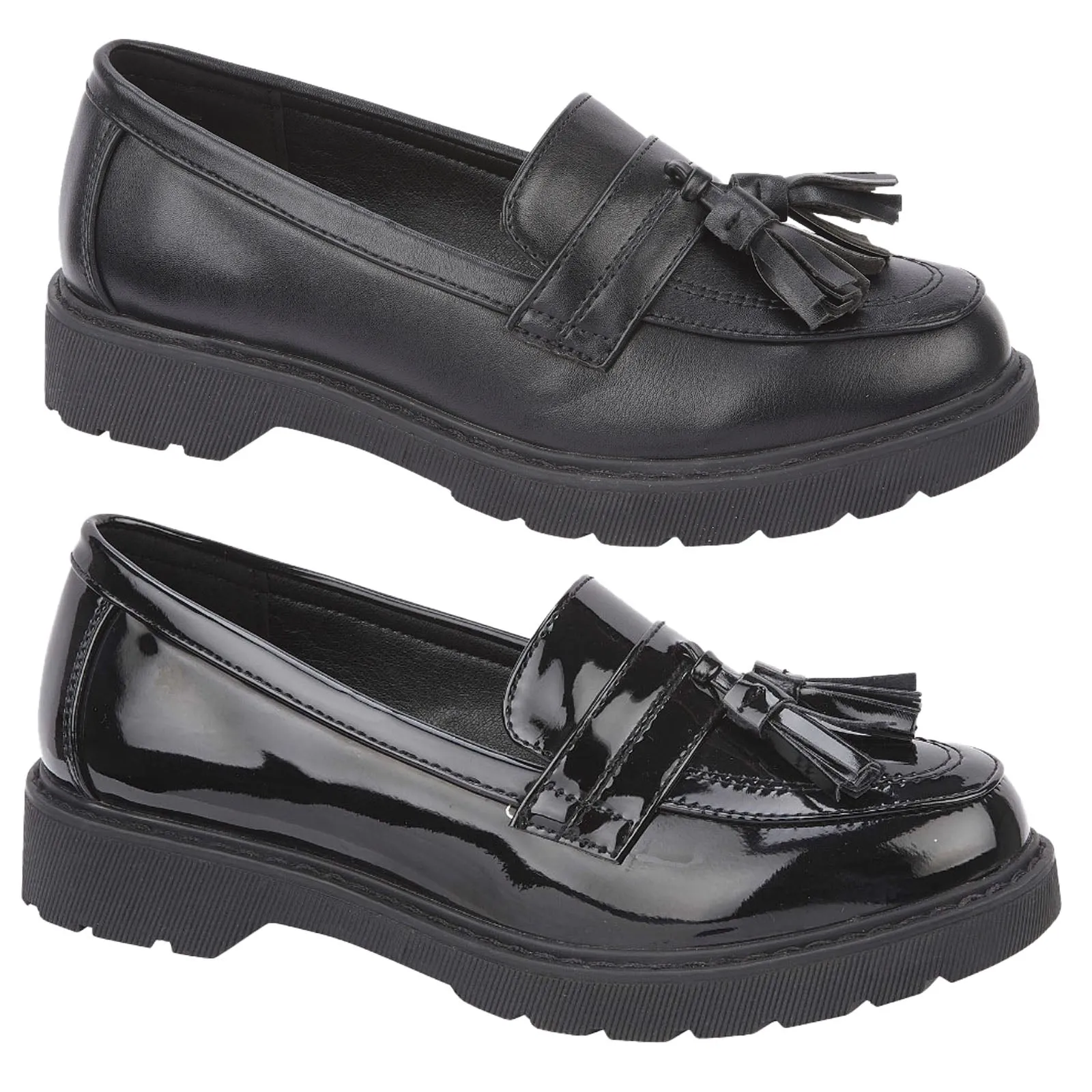 Kingston Girls Ladies Loafers Black Faux Patent Leather Loafers Tassels Slip On Shoes Sizes