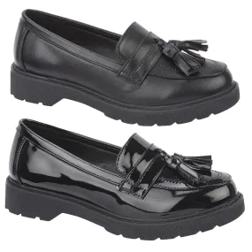 Kingston Girls Ladies Loafers Black Faux Patent Leather Loafers Tassels Slip On Shoes Sizes