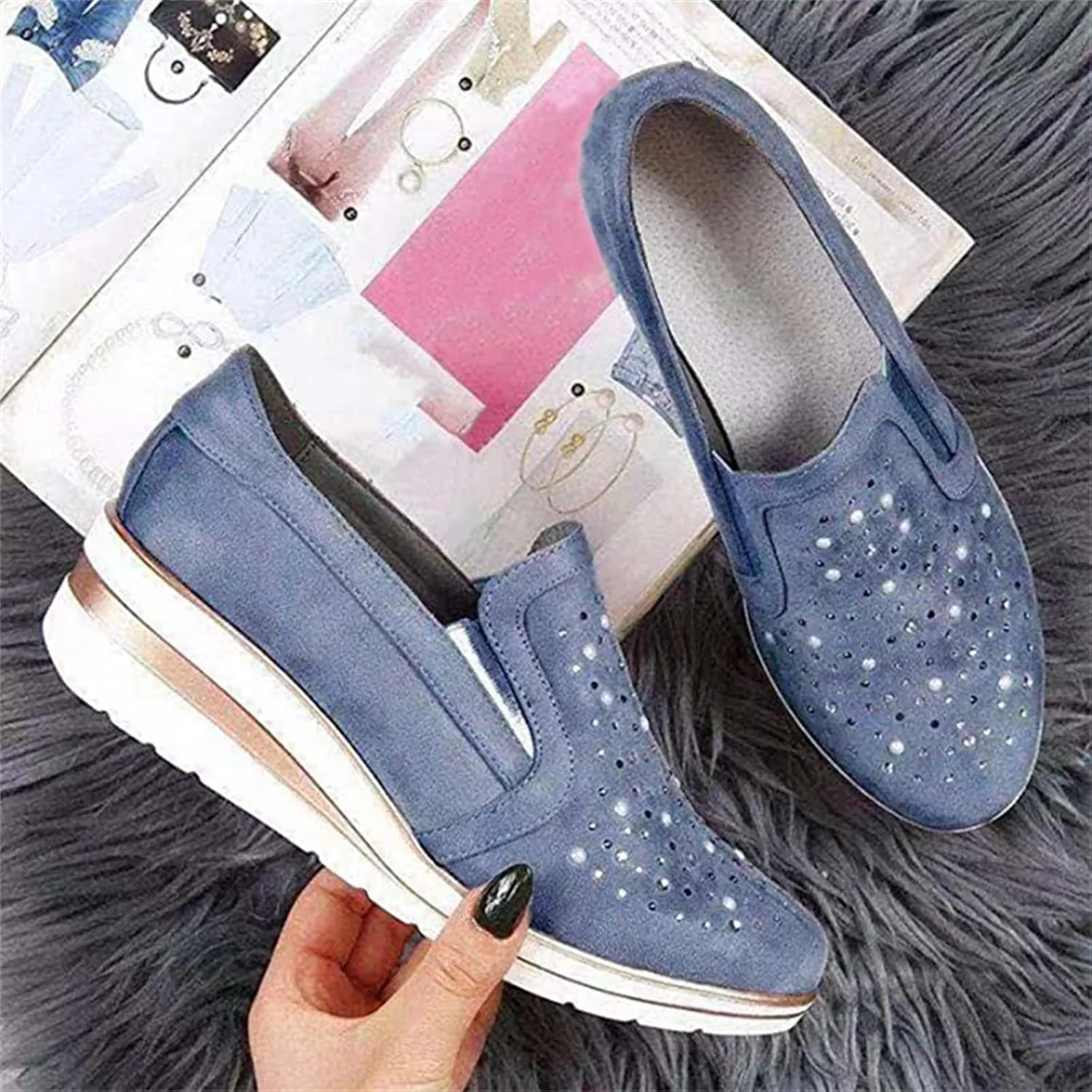 Ladmiple Shoes For Women Sneakers Trendy Slip On Walking Shoes Non Slip Lightweight Fashion Lace Up Platform Loafers