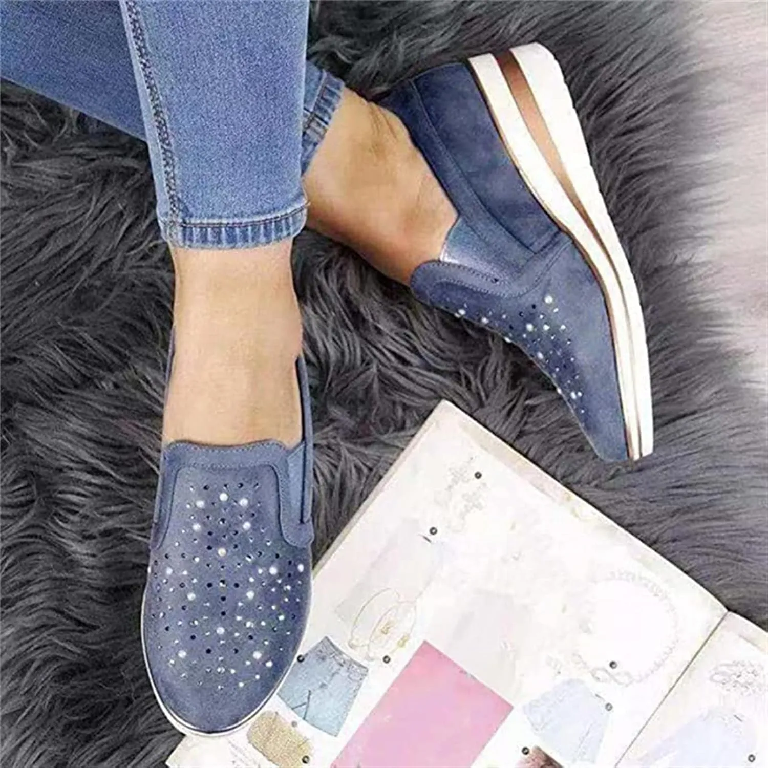 Ladmiple Shoes For Women Sneakers Trendy Slip On Walking Shoes Non Slip Lightweight Fashion Lace Up Platform Loafers