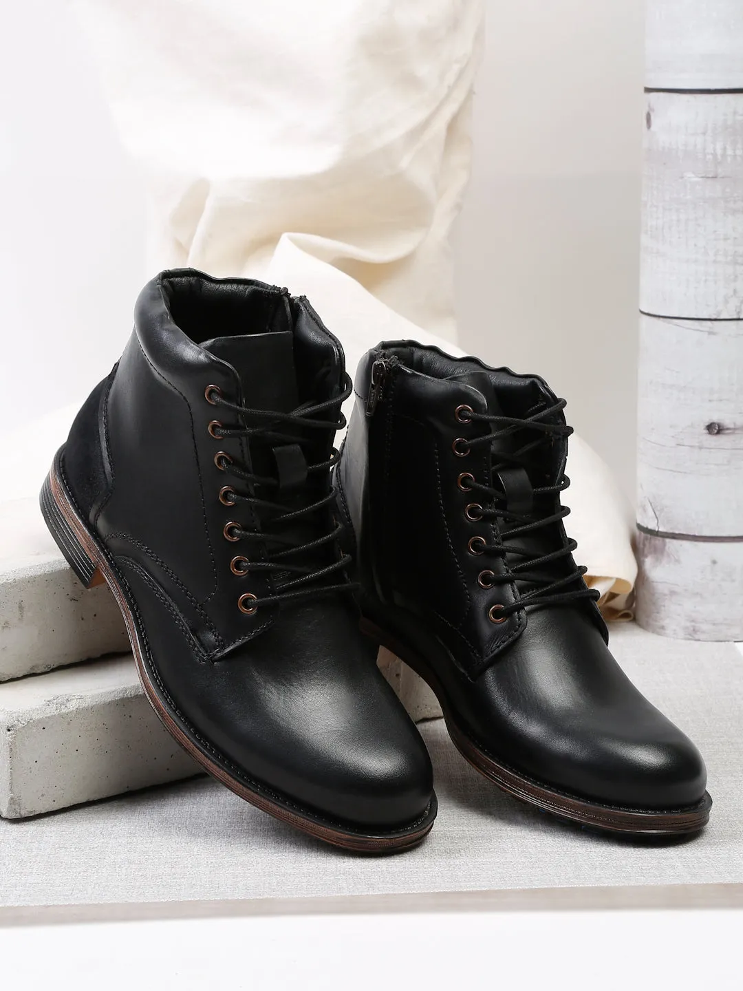 Men Black Solid Genuine Leather Mid-Top Laceup Boots