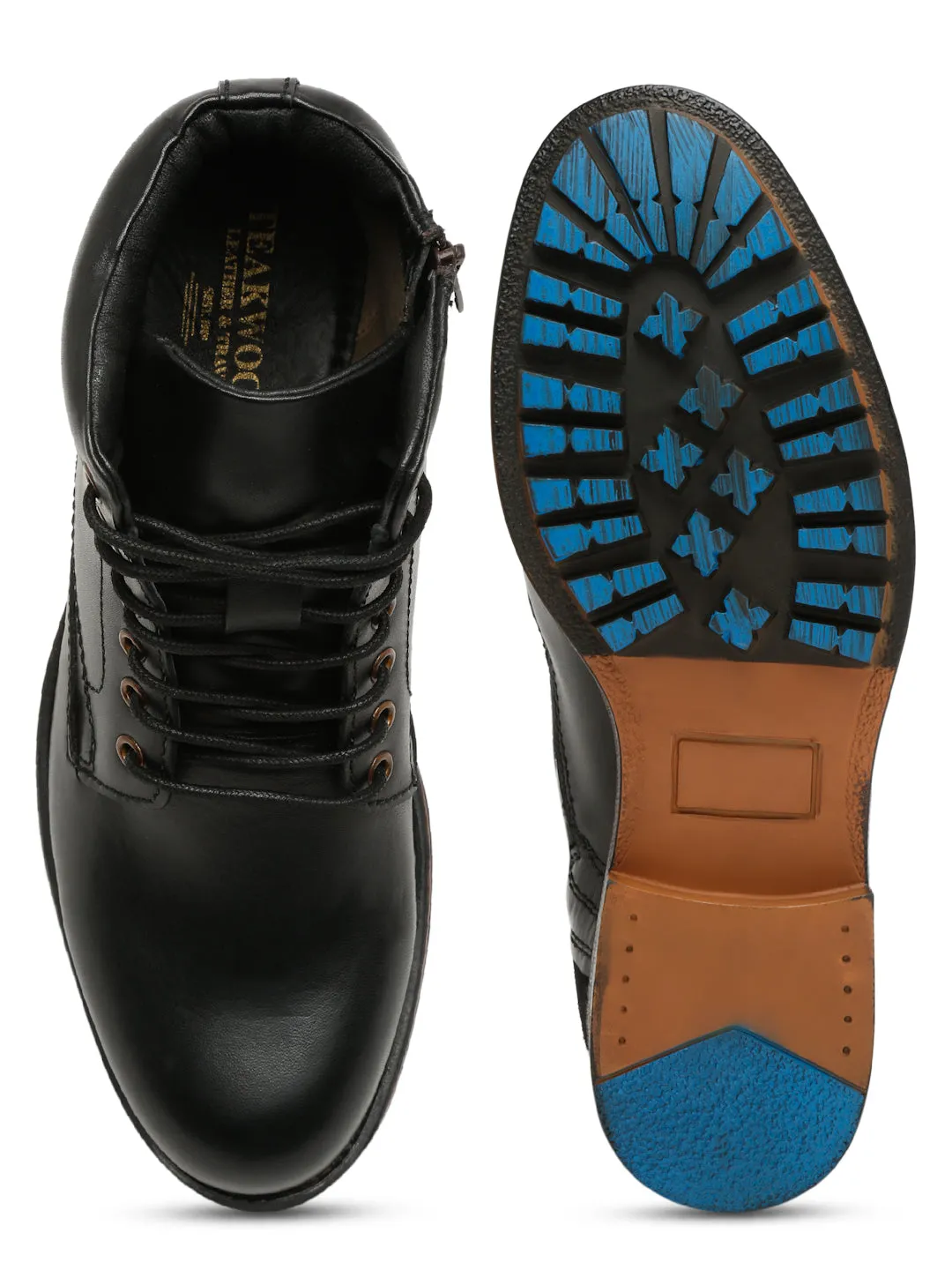 Men Black Solid Genuine Leather Mid-Top Laceup Boots
