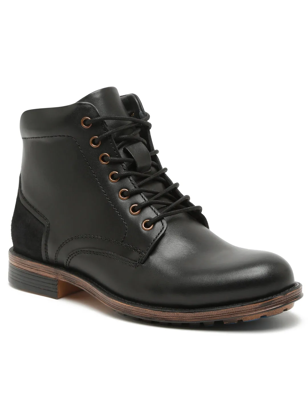 Men Black Solid Genuine Leather Mid-Top Laceup Boots
