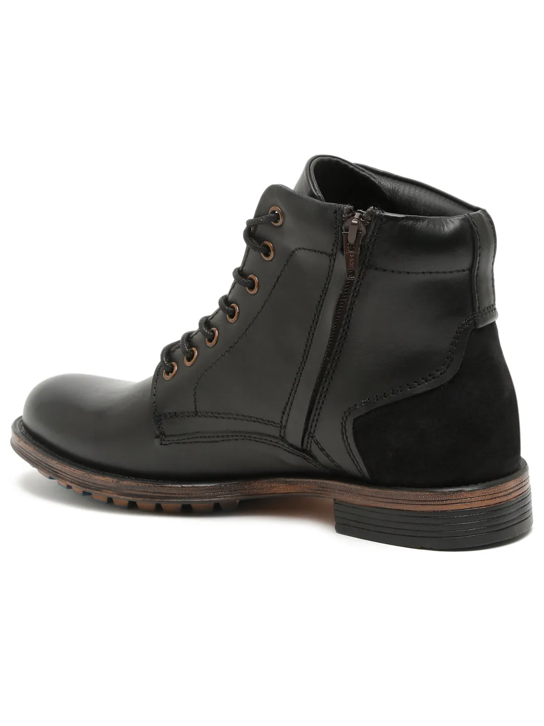 Men Black Solid Genuine Leather Mid-Top Laceup Boots