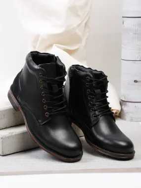 Men Black Solid Genuine Leather Mid-Top Laceup Boots