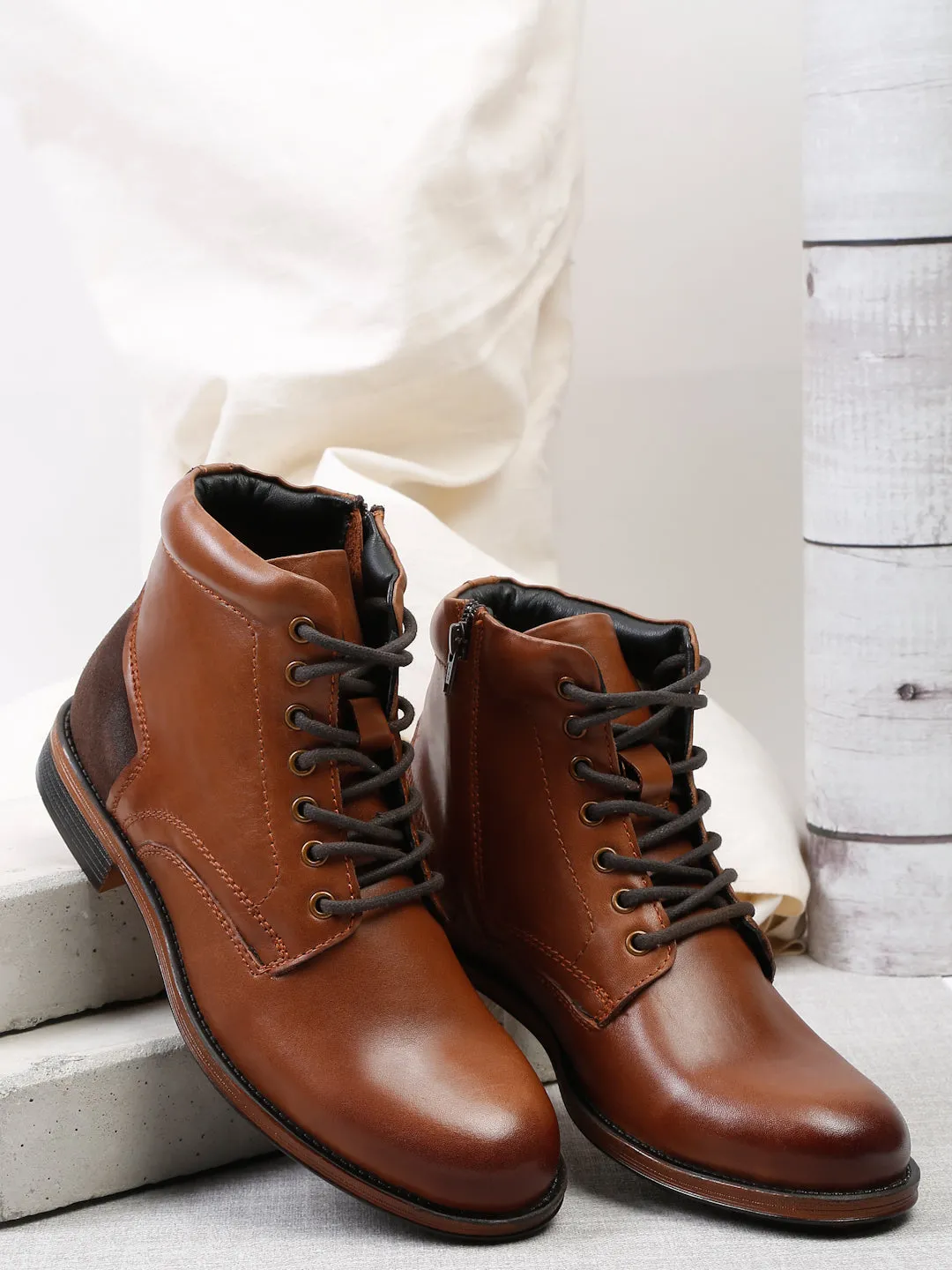Men Black Solid Genuine Leather Mid-Top Laceup Boots