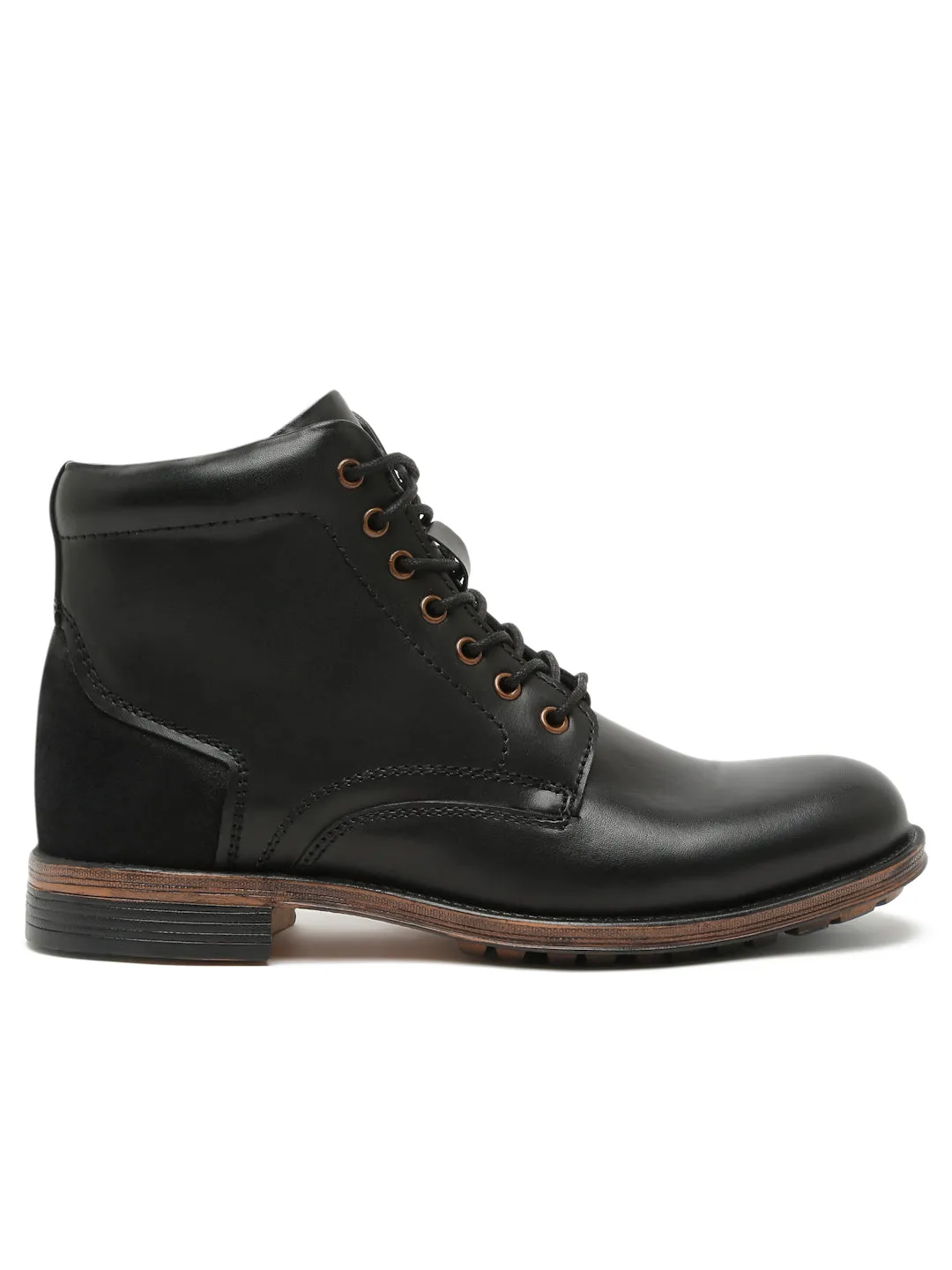 Men Black Solid Genuine Leather Mid-Top Laceup Boots