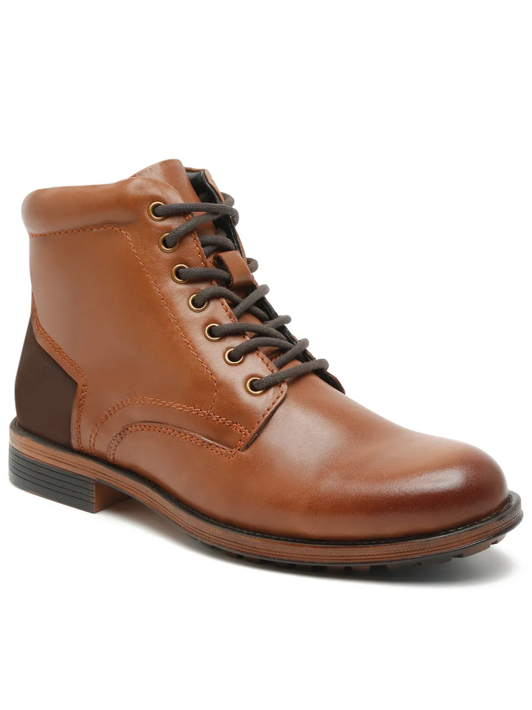 Men Black Solid Genuine Leather Mid-Top Laceup Boots