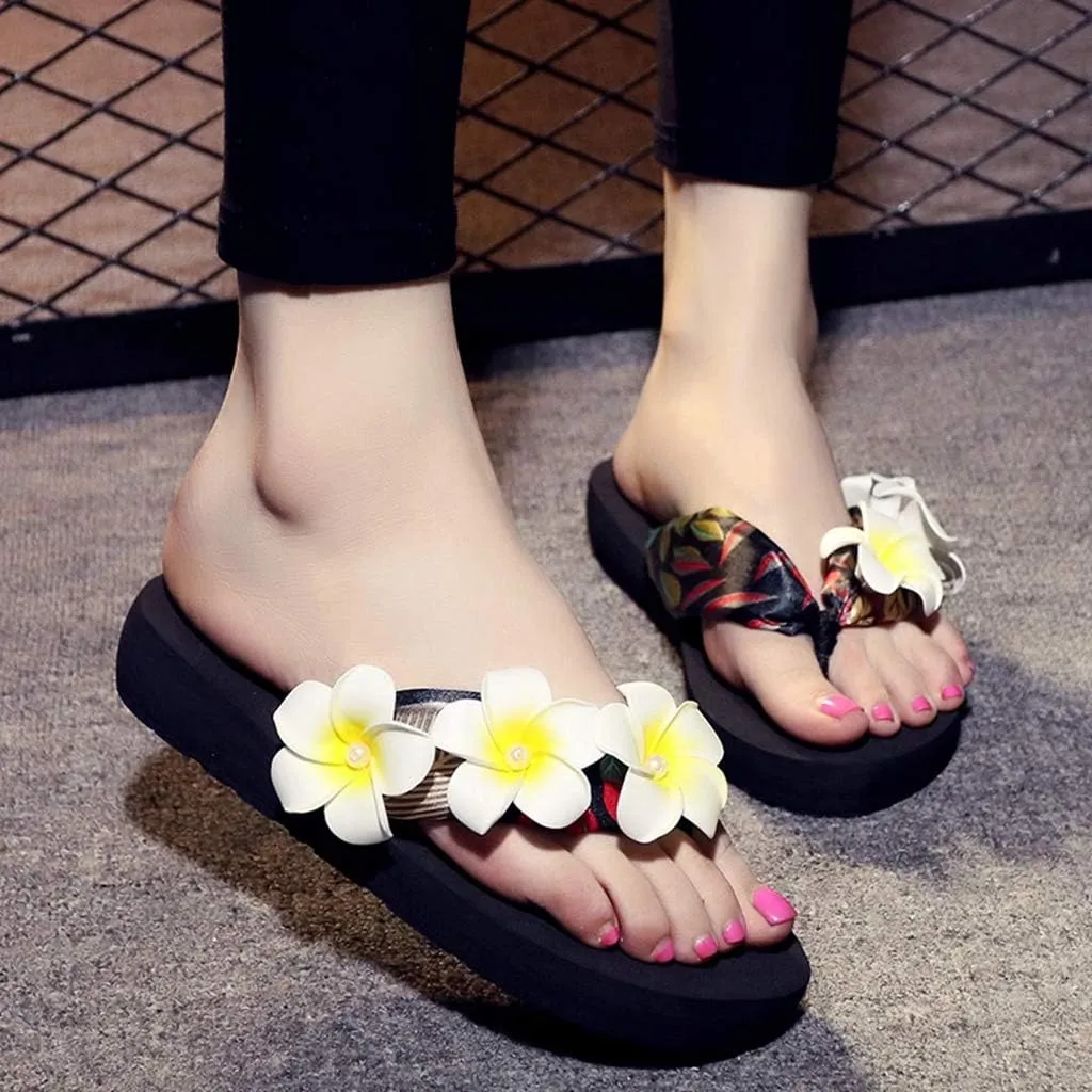 MIOKE Womens Bohemia Flower Flat Platform Flipflops Trendy Summer Comfy Satin Nonslip Beach Thong Sandals