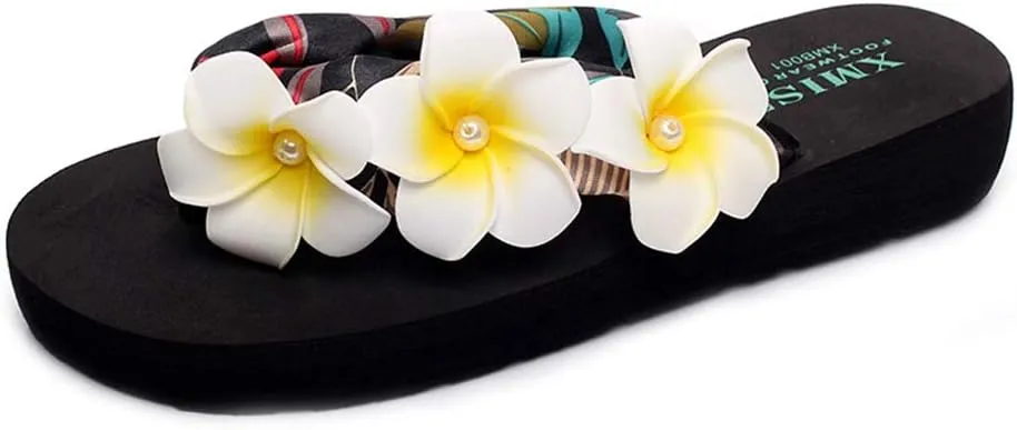 MIOKE Womens Bohemia Flower Flat Platform Flipflops Trendy Summer Comfy Satin Nonslip Beach Thong Sandals