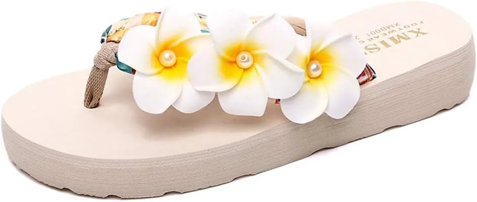 MIOKE Womens Bohemia Flower Flat Platform Flipflops Trendy Summer Comfy Satin Nonslip Beach Thong Sandals