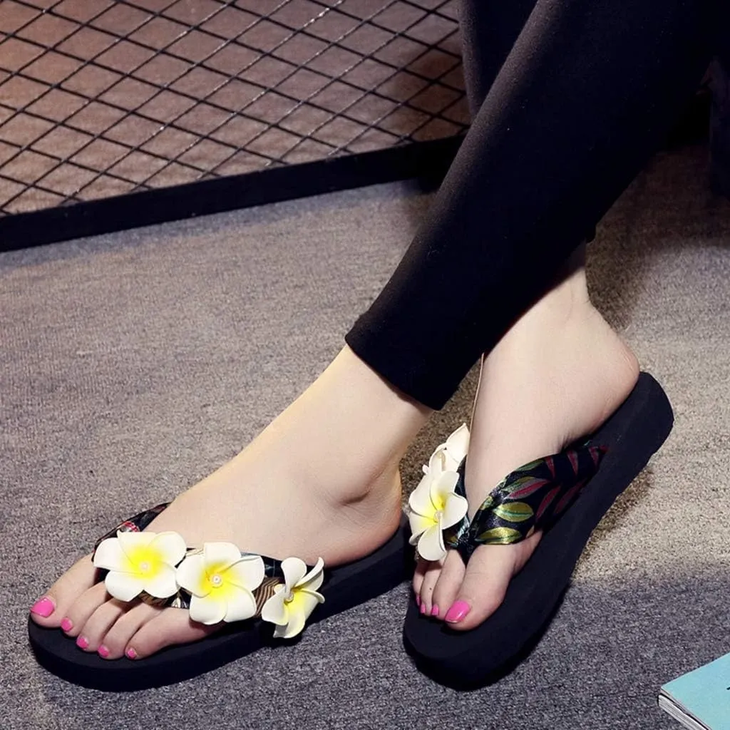 MIOKE Womens Bohemia Flower Flat Platform Flipflops Trendy Summer Comfy Satin Nonslip Beach Thong Sandals