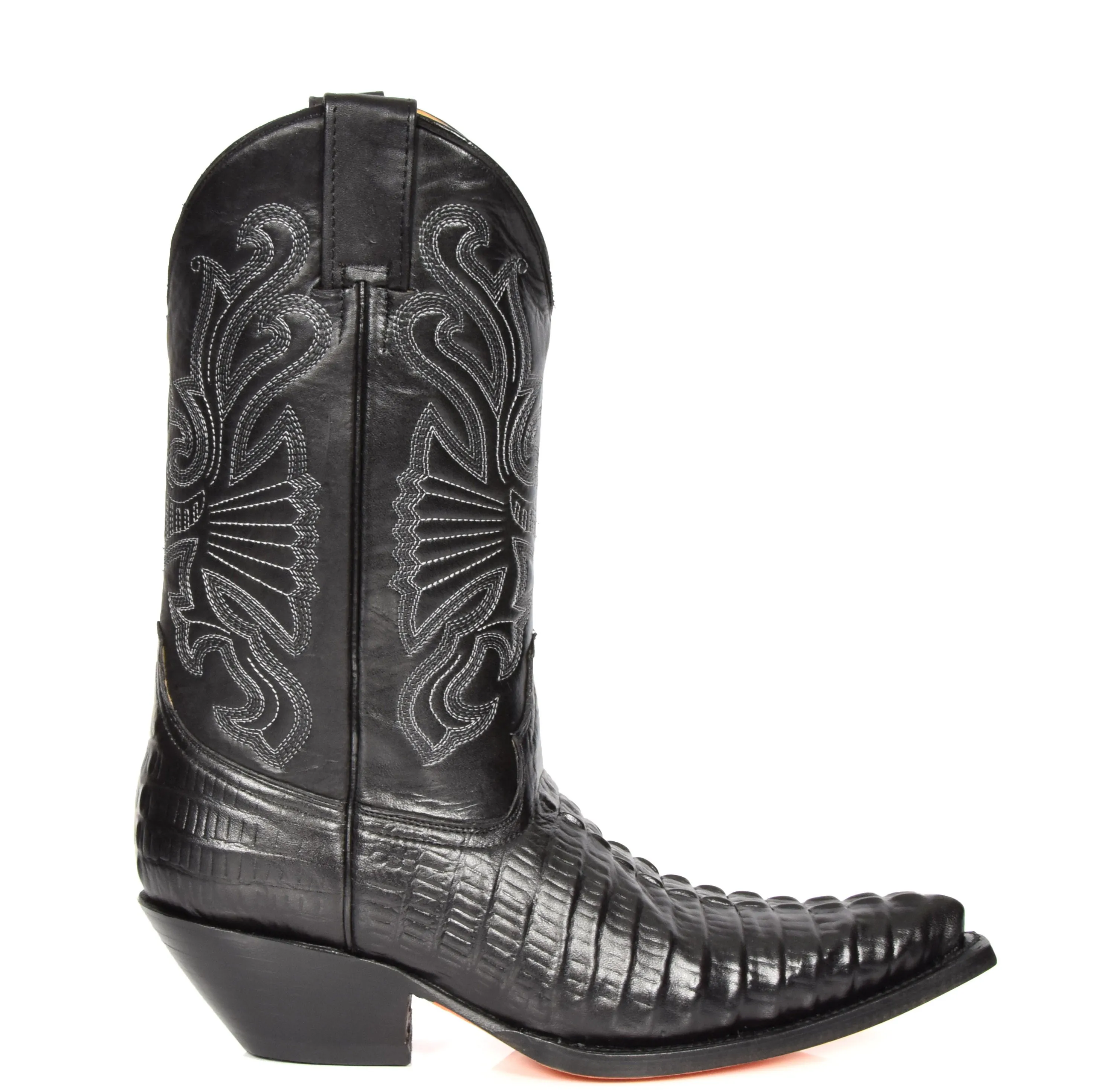 Real Leather Pointed Toe Croc Print Cowboy Boots AC229 Black