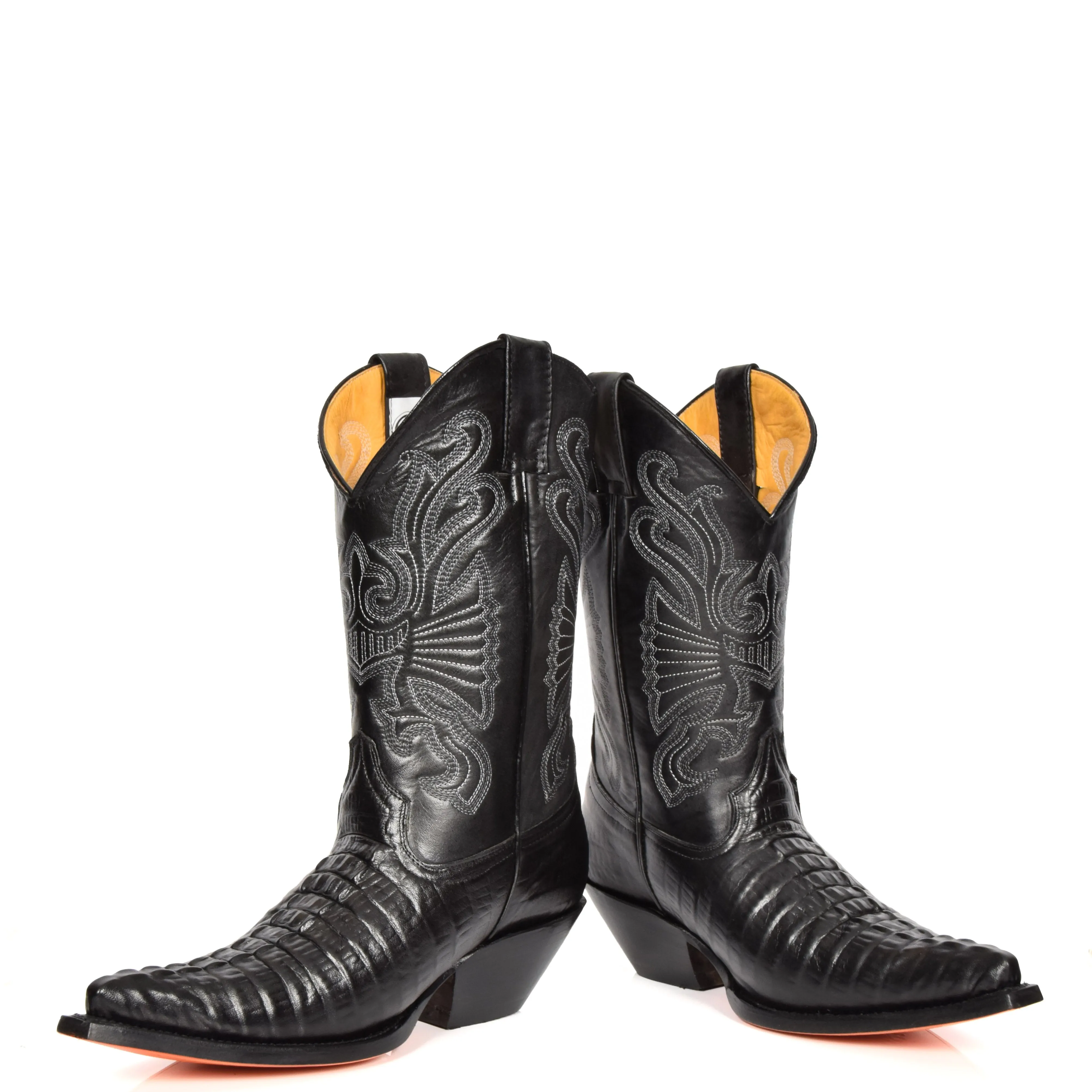 Real Leather Pointed Toe Croc Print Cowboy Boots AC229 Black