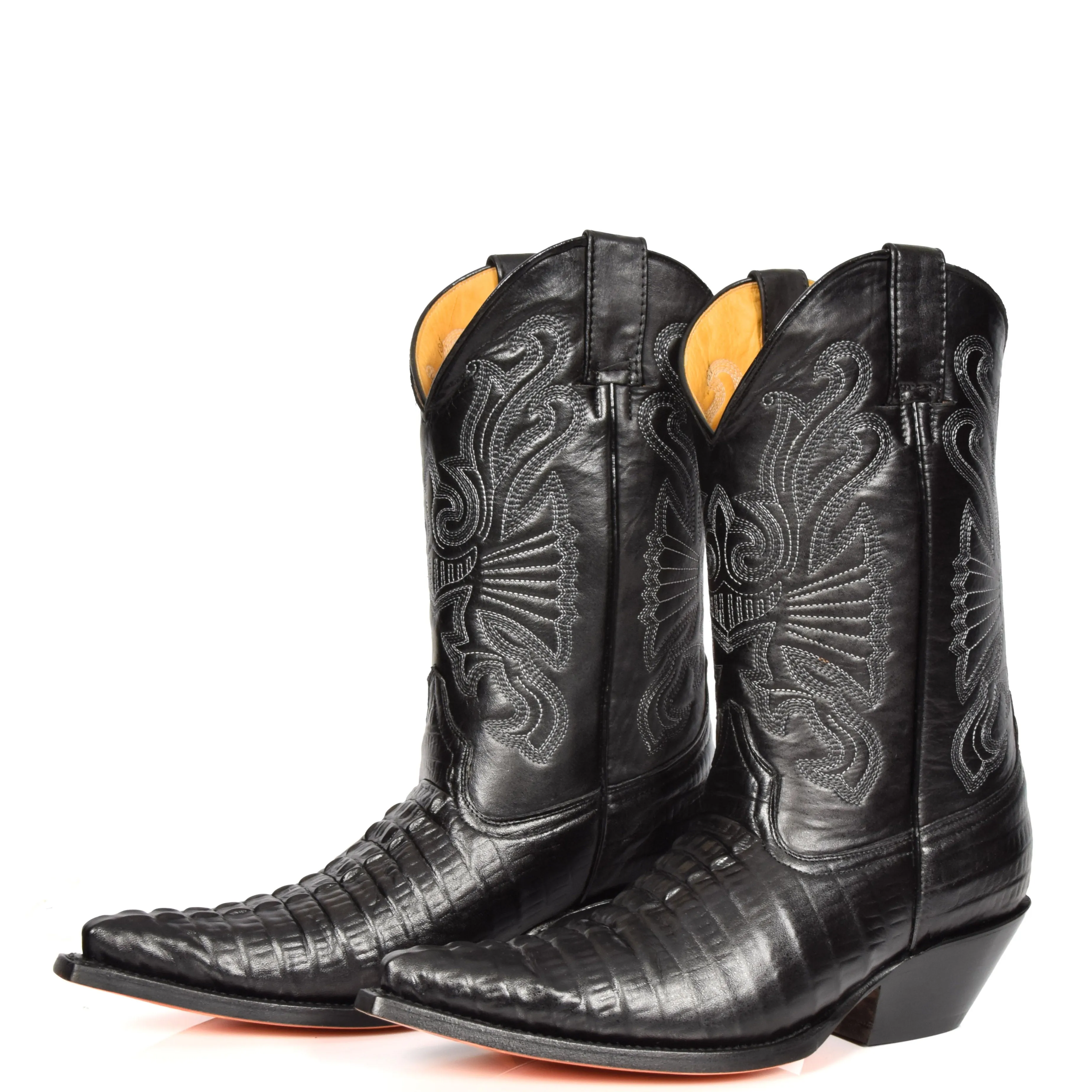 Real Leather Pointed Toe Croc Print Cowboy Boots AC229 Black