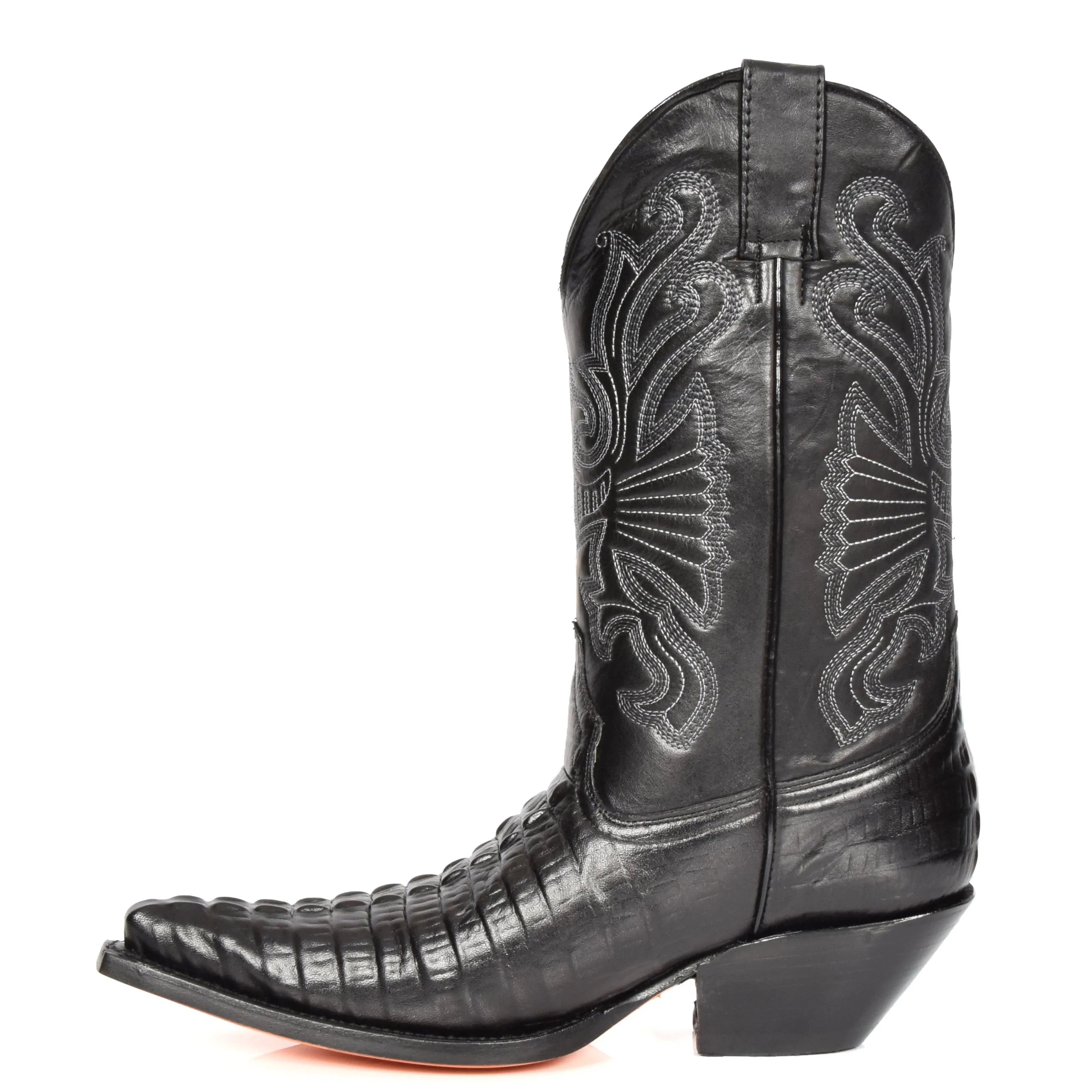 Real Leather Pointed Toe Croc Print Cowboy Boots AC229 Black