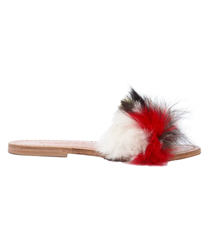 STRIPE FUR TRIMMED FLIP FLOP SANDALS MULTI