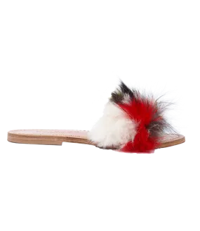 STRIPE FUR TRIMMED FLIP FLOP SANDALS MULTI