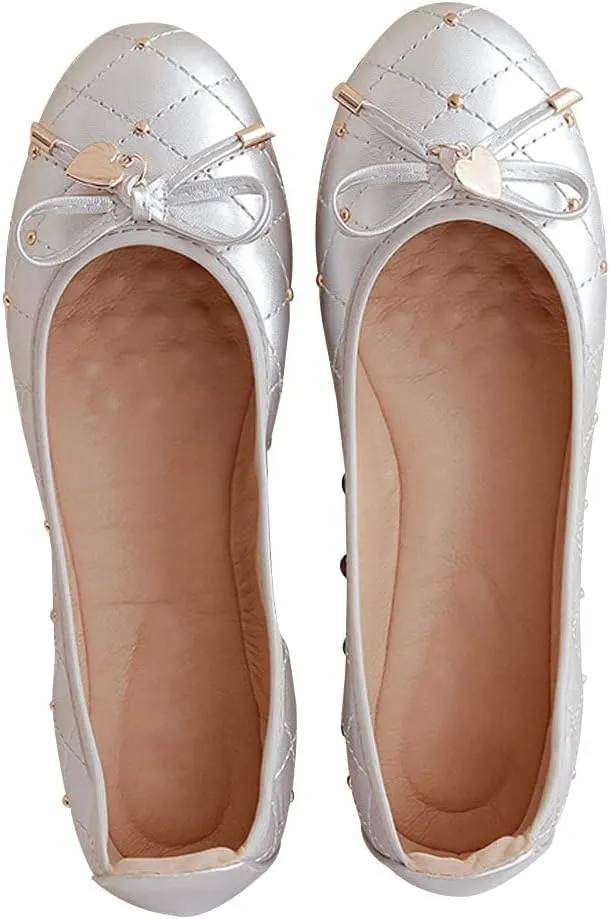 WENJIAZHIZHI Heart Buckle Plaid Ballet Flats Bow Party Dress Shoes for Women Dressy Comfortable Slip-On Loafers