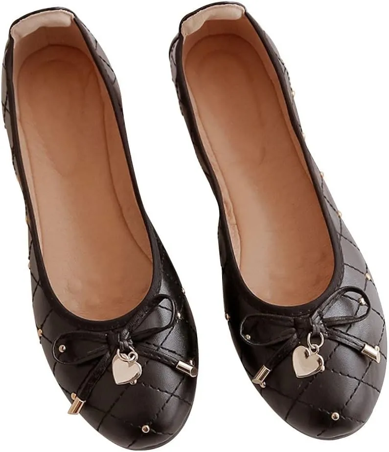 WENJIAZHIZHI Heart Buckle Plaid Ballet Flats Bow Party Dress Shoes for Women Dressy Comfortable Slip-On Loafers
