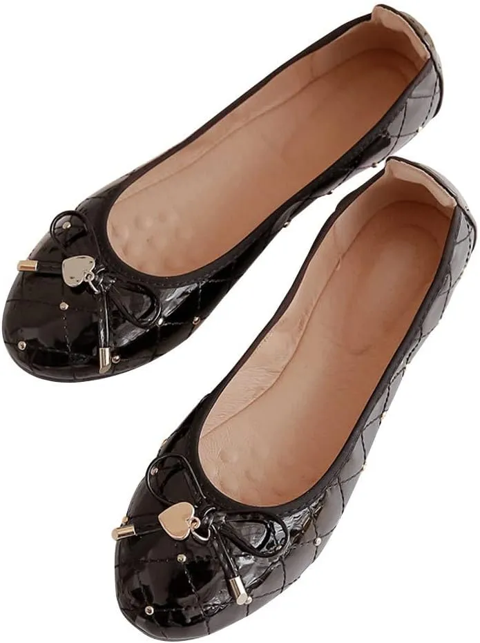 WENJIAZHIZHI Heart Buckle Plaid Ballet Flats Bow Party Dress Shoes for Women Dressy Comfortable Slip-On Loafers