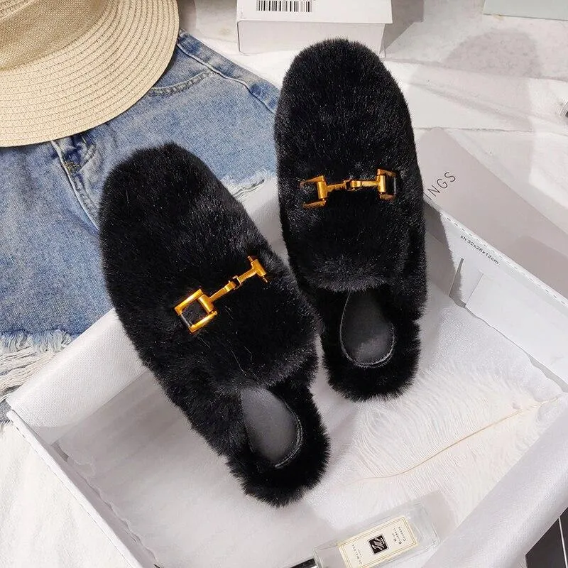 Winter Women House Slippers Furry Outer Wearing Flats Loafers Slip on Flats  furry slippers
