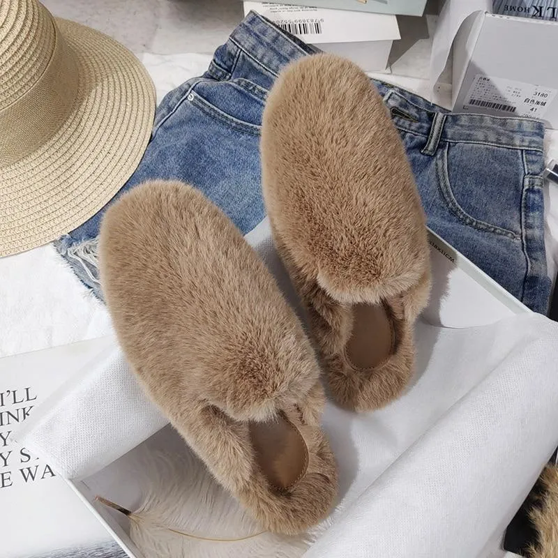 Winter Women House Slippers Furry Outer Wearing Flats Loafers Slip on Flats  furry slippers