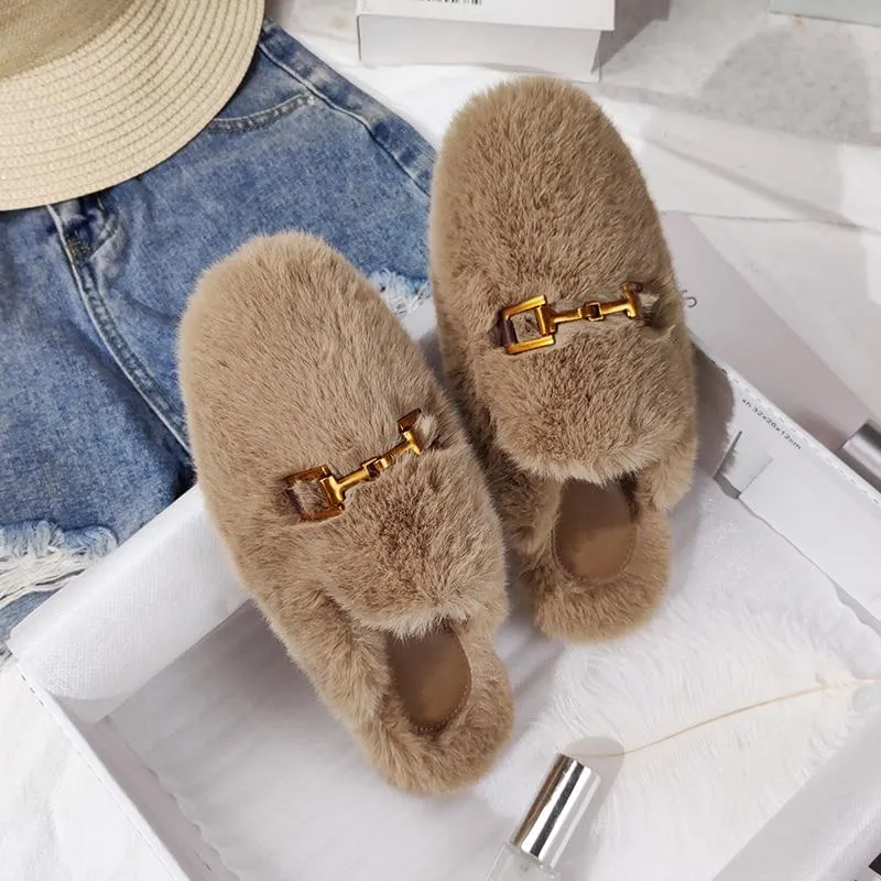 Winter Women House Slippers Furry Outer Wearing Flats Loafers Slip on Flats  furry slippers