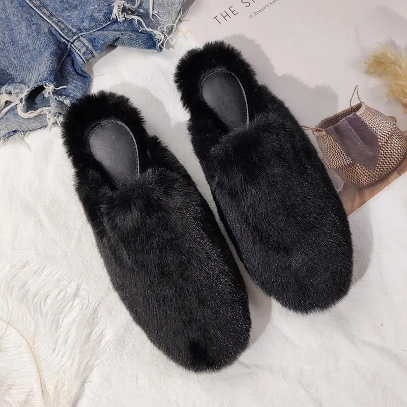Winter Women House Slippers Furry Outer Wearing Flats Loafers Slip on Flats  furry slippers