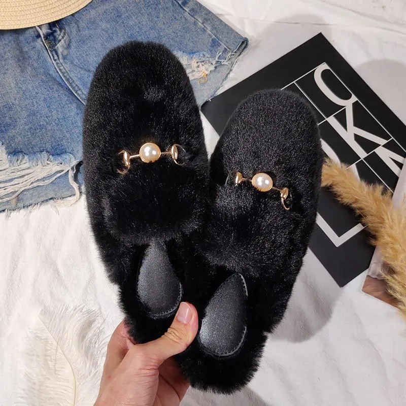 Winter Women House Slippers Furry Outer Wearing Flats Loafers Slip on Flats  furry slippers