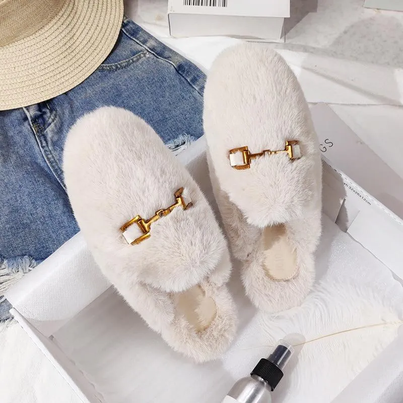 Winter Women House Slippers Furry Outer Wearing Flats Loafers Slip on Flats  furry slippers