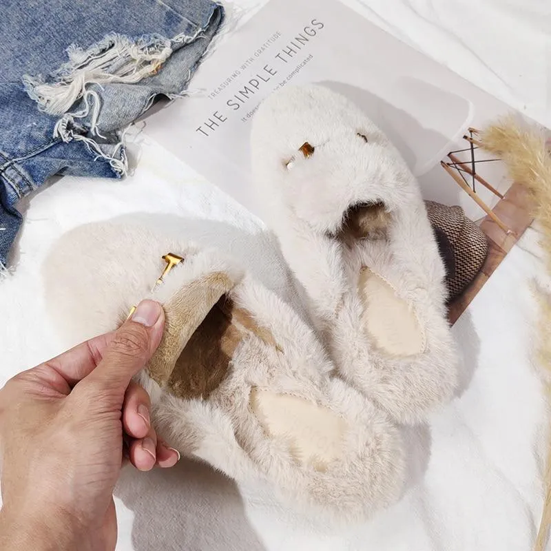 Winter Women House Slippers Furry Outer Wearing Flats Loafers Slip on Flats  furry slippers