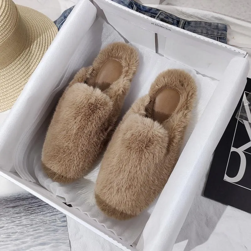 Winter Women House Slippers Furry Outer Wearing Flats Loafers Slip on Flats  furry slippers