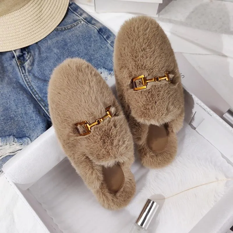 Winter Women House Slippers Furry Outer Wearing Flats Loafers Slip on Flats  furry slippers