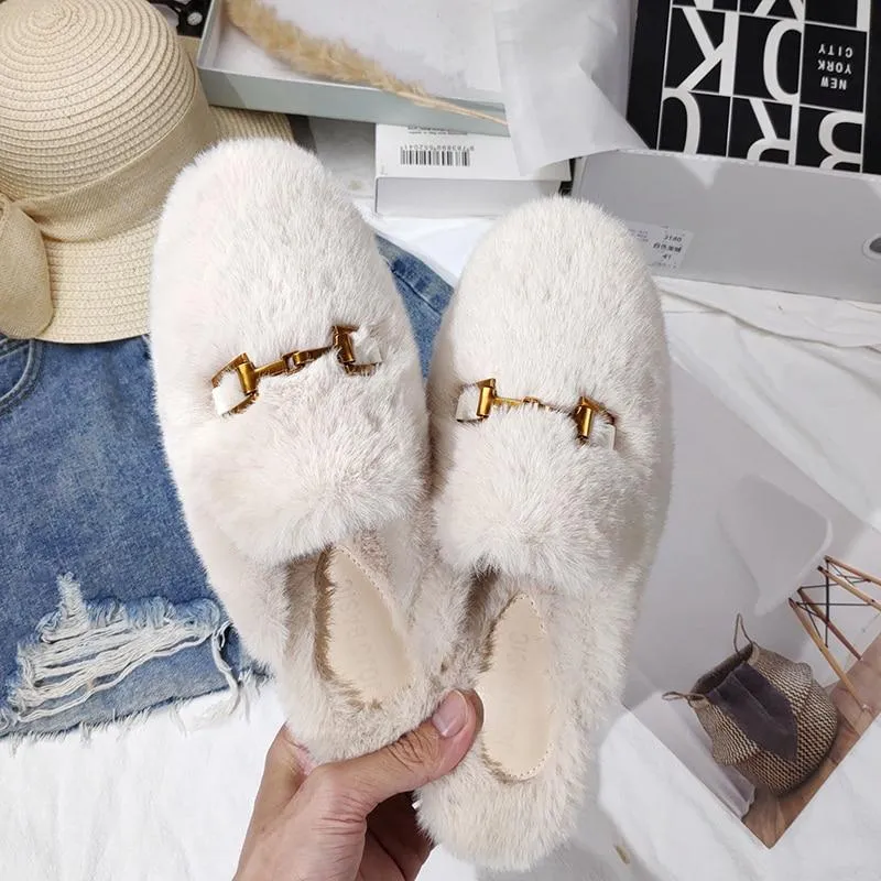 Winter Women House Slippers Furry Outer Wearing Flats Loafers Slip on Flats  furry slippers