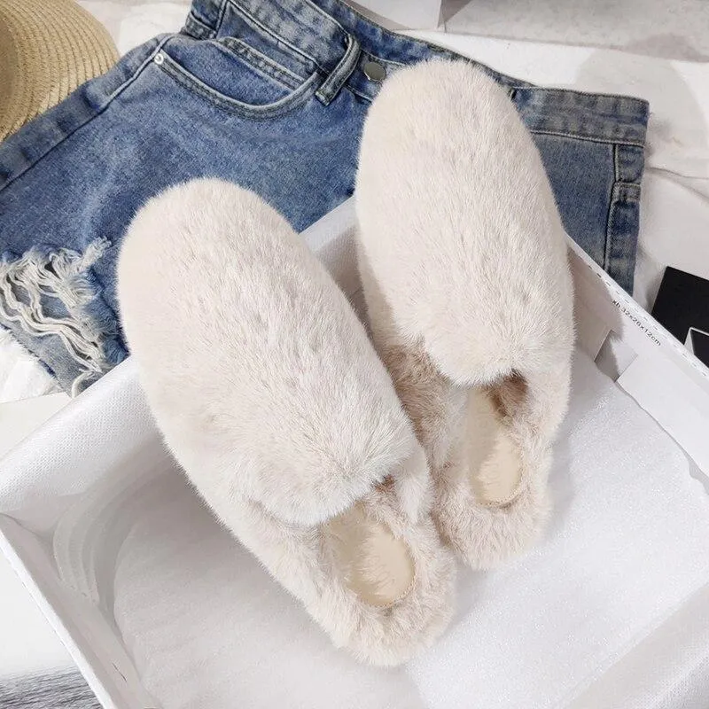 Winter Women House Slippers Furry Outer Wearing Flats Loafers Slip on Flats  furry slippers