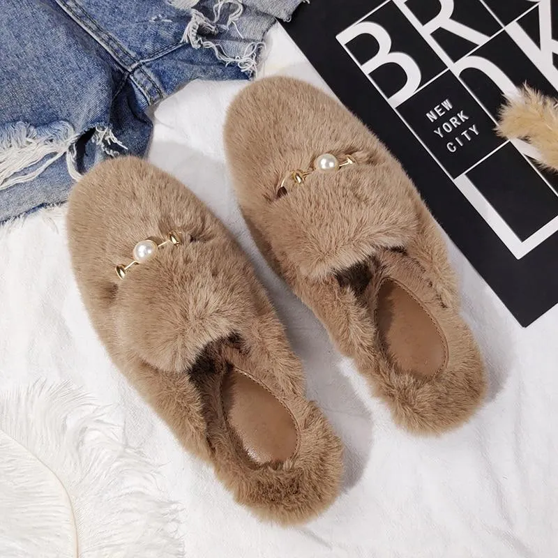 Winter Women House Slippers Furry Outer Wearing Flats Loafers Slip on Flats  furry slippers