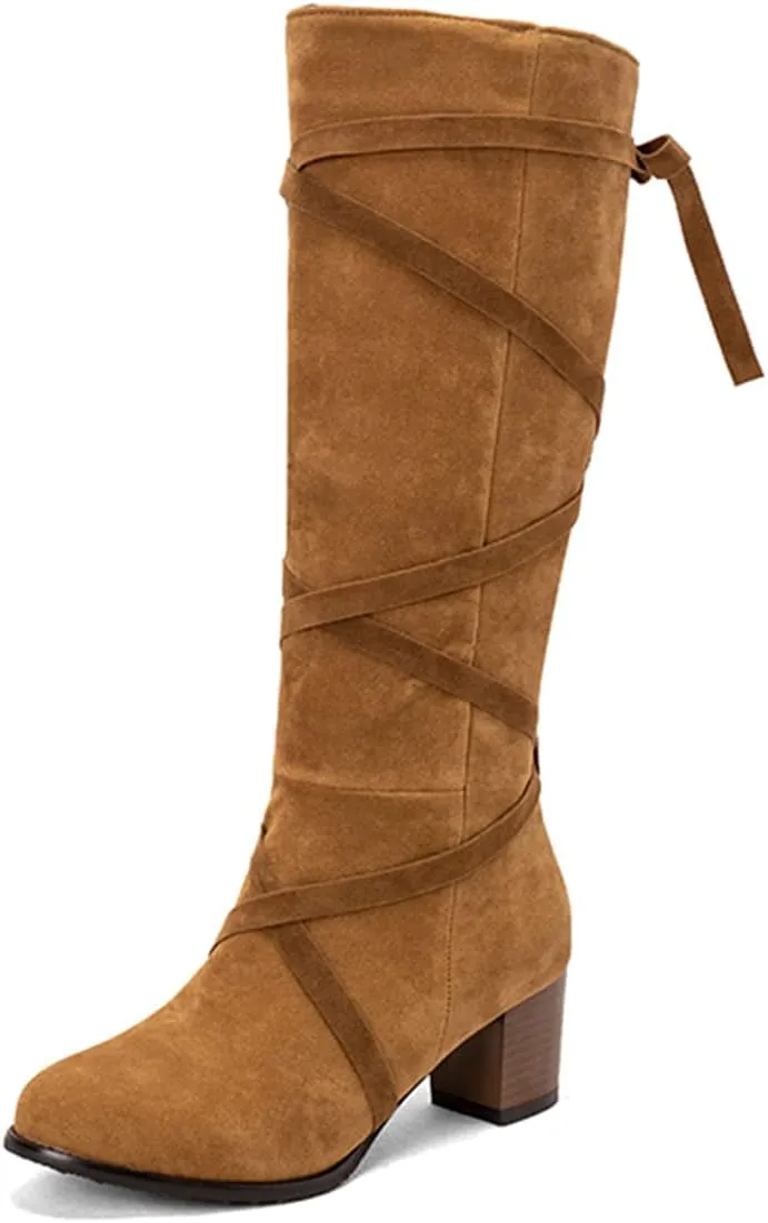 Women's Cross-tied Knee High Boots Chunky Heels Zipper Knee Boots Elegant Office Boots